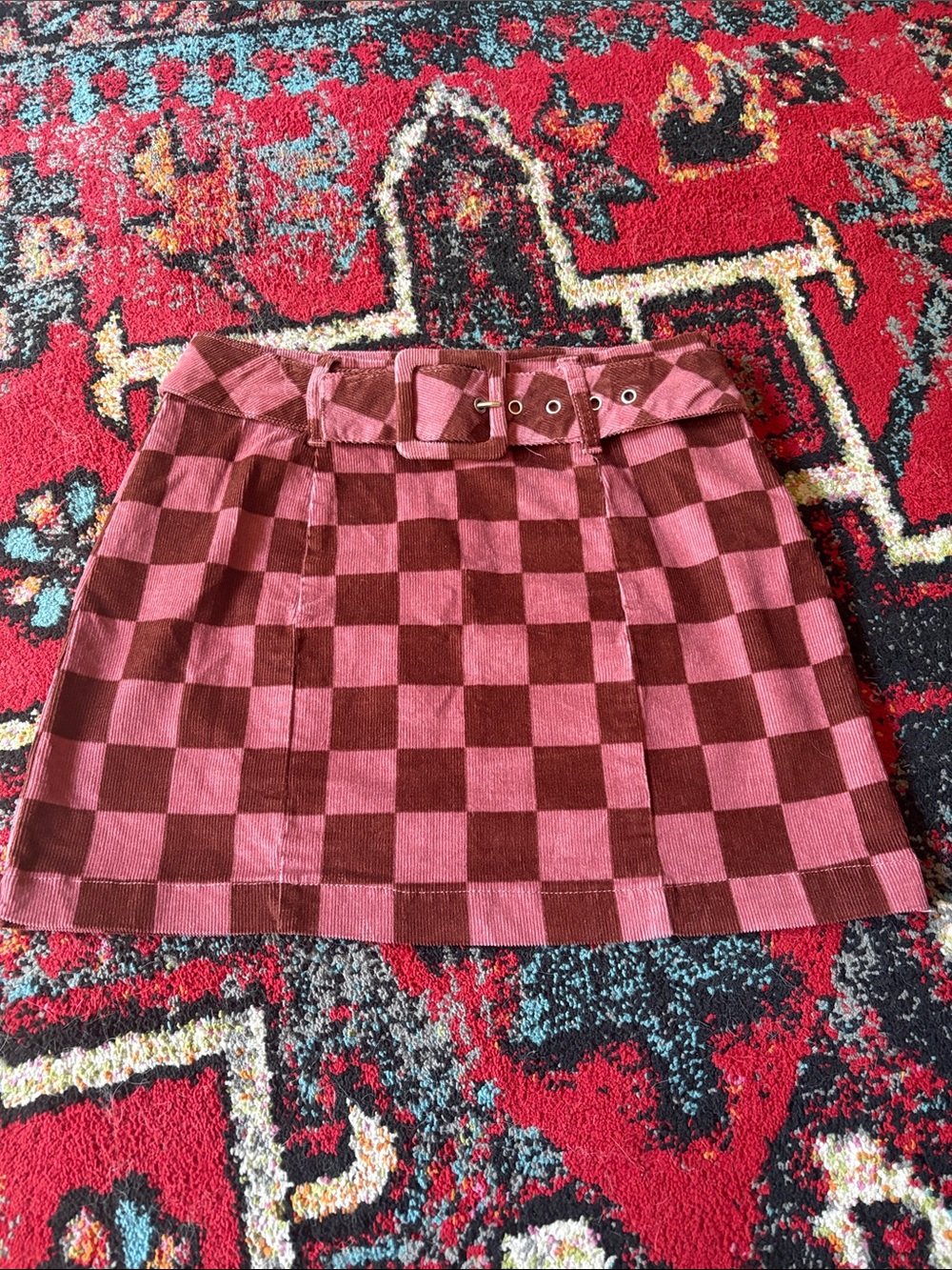 wild fable Pink and Brown Checkerboard Mini Skirt with Belt